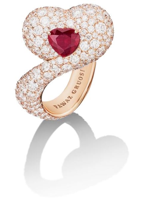 Unheated heart-shaped high-jewellery ruby ring made with rose gold and 264 brilliant-cut white diamonds  unveiled 