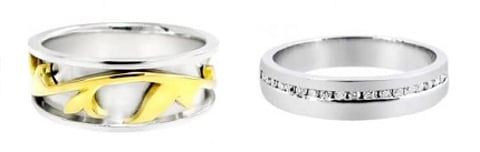 Yellow and white gold engagement ring on the left & diamond & platinum engagement ring on the right by Ingle & Rhode