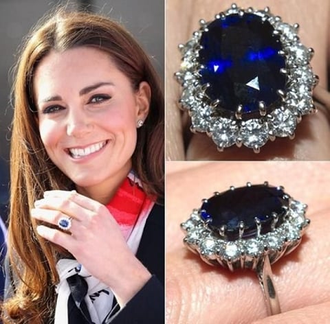 Catherine Elizabeth Middleton from the British Royal family sporting a dazzling sapphire ring