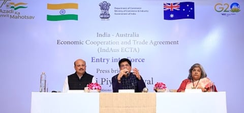 Indian Commerce and Industry Minister Piyush Goyal (at the centre of the image) addressing the gathering at the launch of the IndAus ECTA 