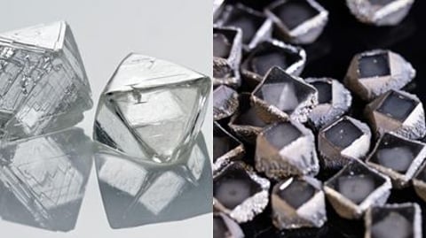 From left to right: Natural rough diamonds (photo by Leo Bieber), CVD (Carbon Vapor Deposition) seed crystal laboratory-grown diamonds